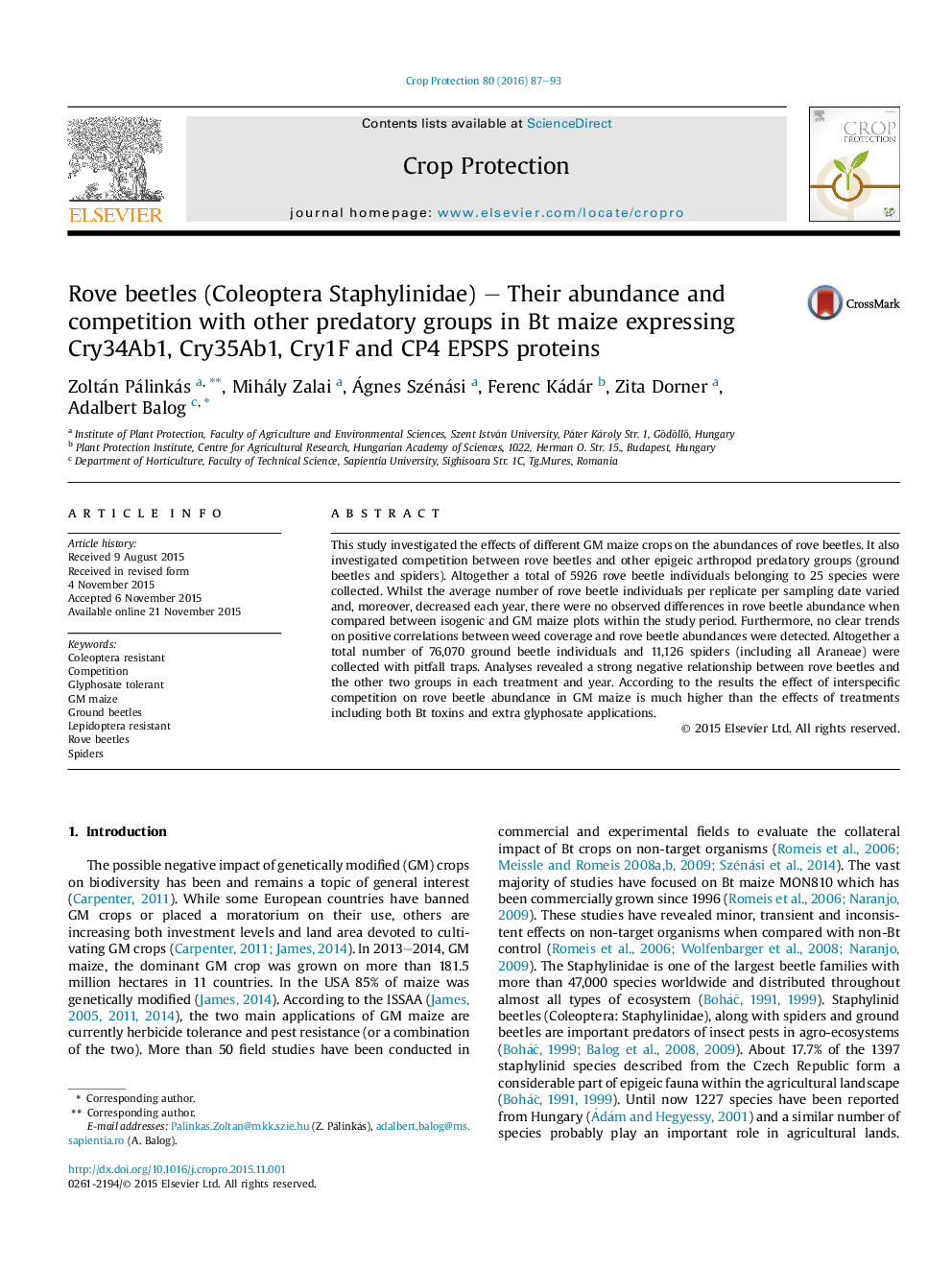 Rove beetles (Coleoptera Staphylinidae) – Their abundance and competition with other predatory groups in Bt maize expressing Cry34Ab1, Cry35Ab1, Cry1F and CP4 EPSPS proteins