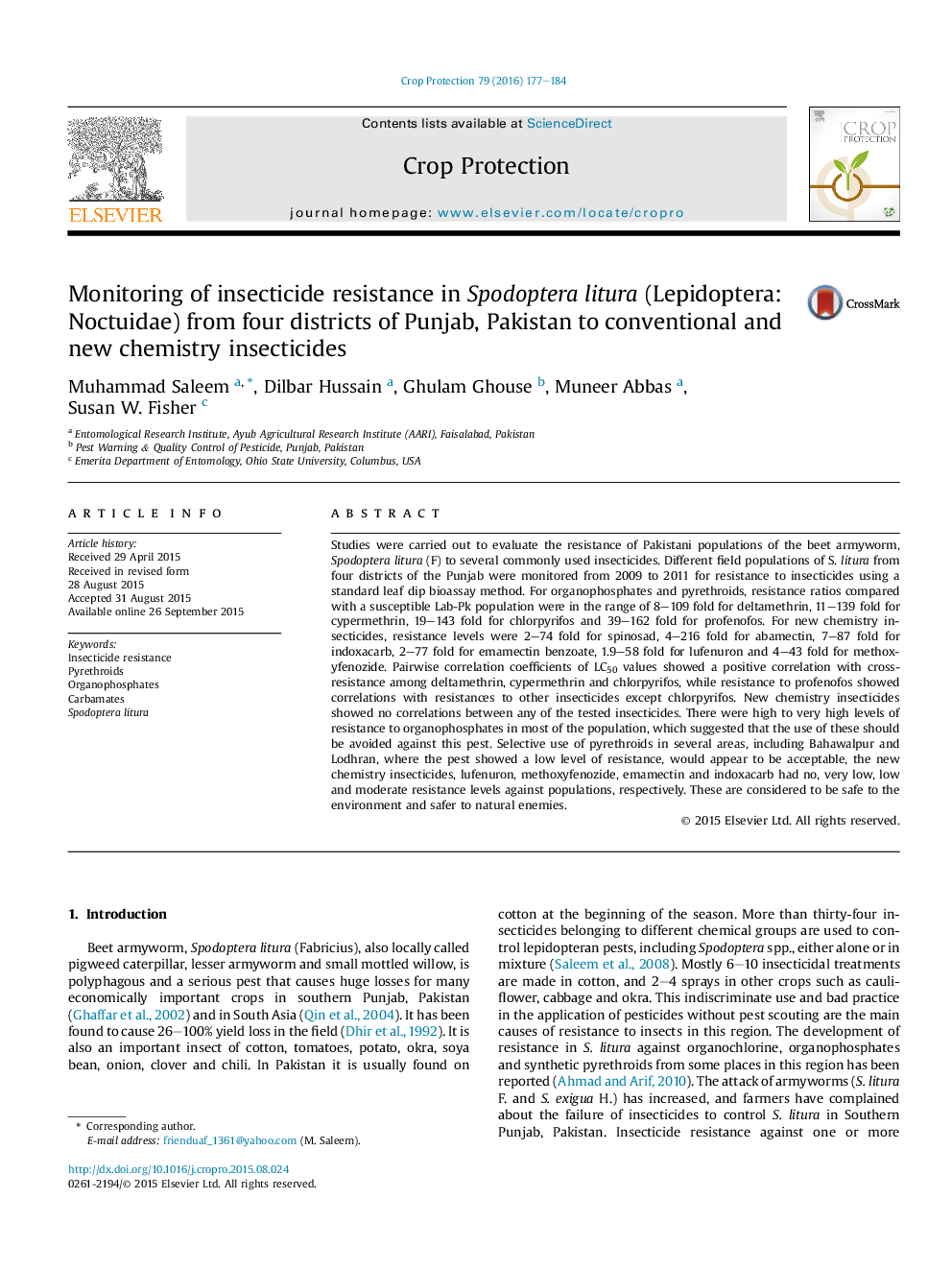 Monitoring of insecticide resistance in Spodoptera litura (Lepidoptera: Noctuidae) from four districts of Punjab, Pakistan to conventional and new chemistry insecticides