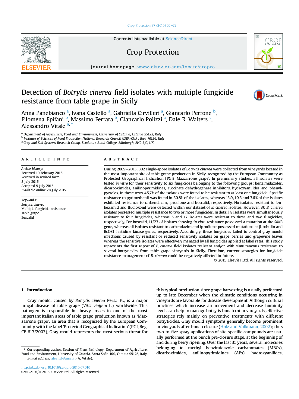 Detection of Botrytis cinerea field isolates with multiple fungicide resistance from table grape in Sicily