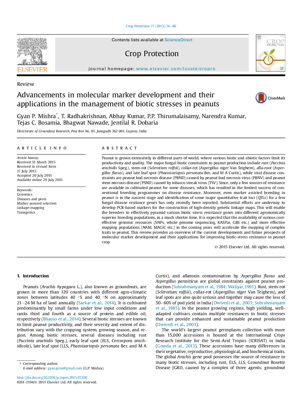 Advancements in molecular marker development and their applications in the management of biotic stresses in peanuts