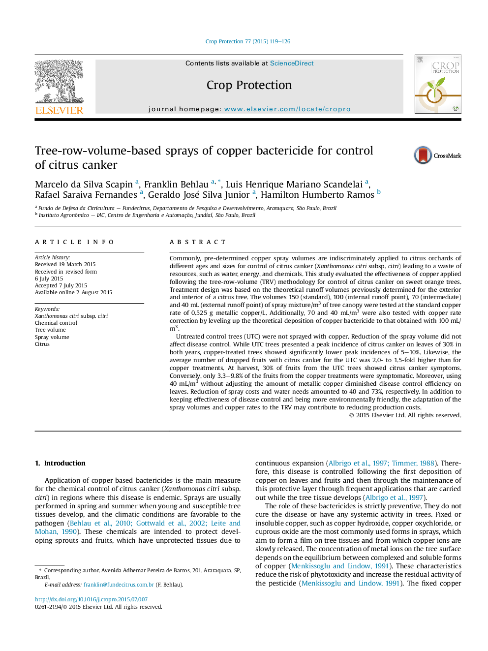 Tree-row-volume-based sprays of copper bactericide for control of citrus canker