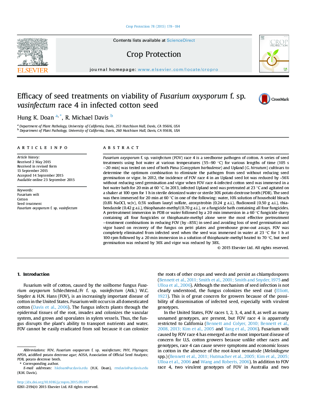 Efficacy of seed treatments on viability of Fusarium oxysporum f. sp. vasinfectum race 4 in infected cotton seed