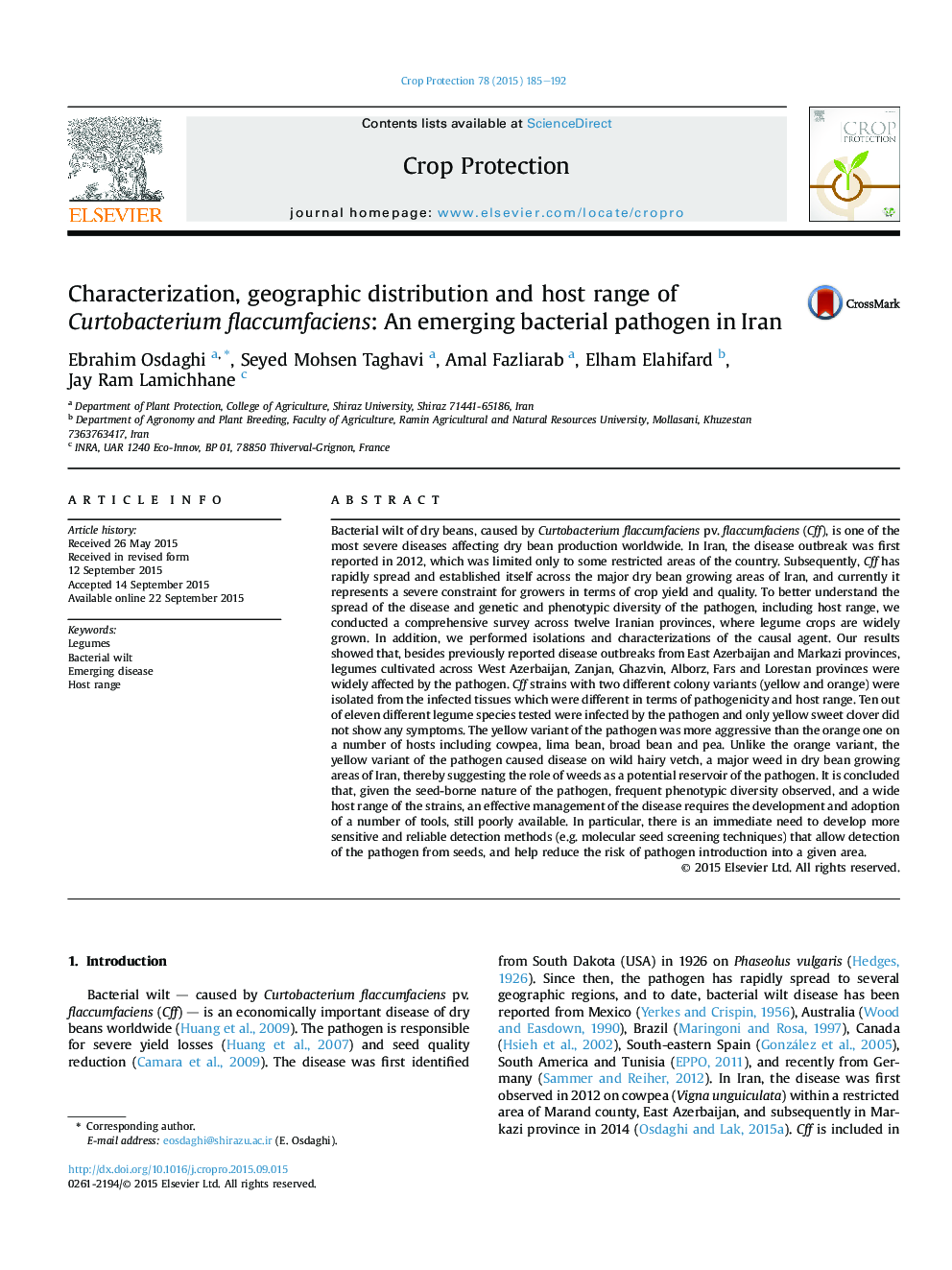 Characterization, geographic distribution and host range of Curtobacterium flaccumfaciens: An emerging bacterial pathogen in Iran