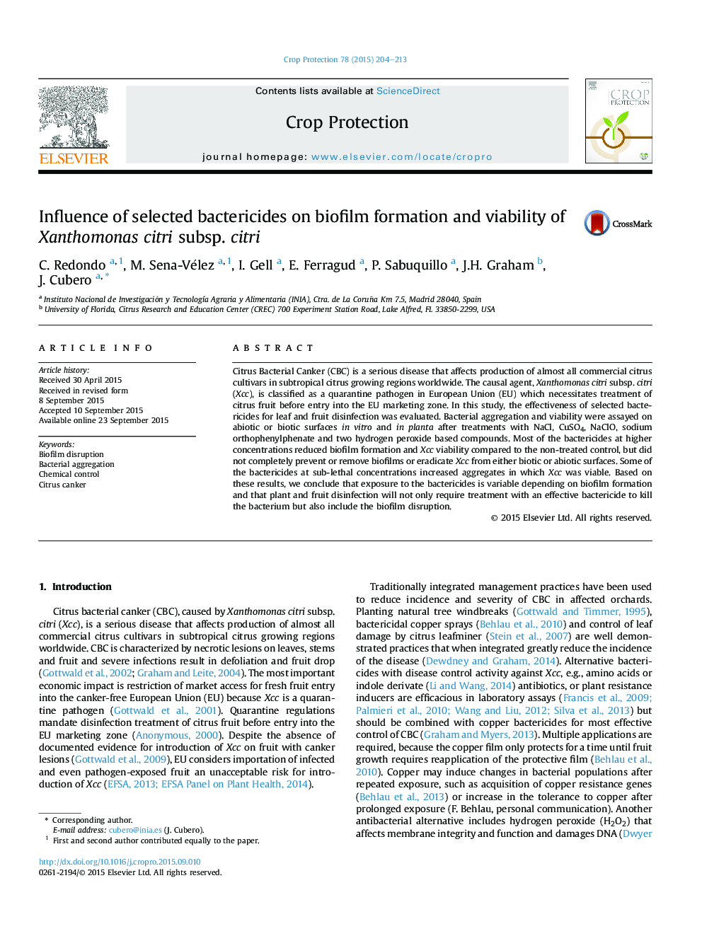 Influence of selected bactericides on biofilm formation and viability of Xanthomonas citri subsp. citri