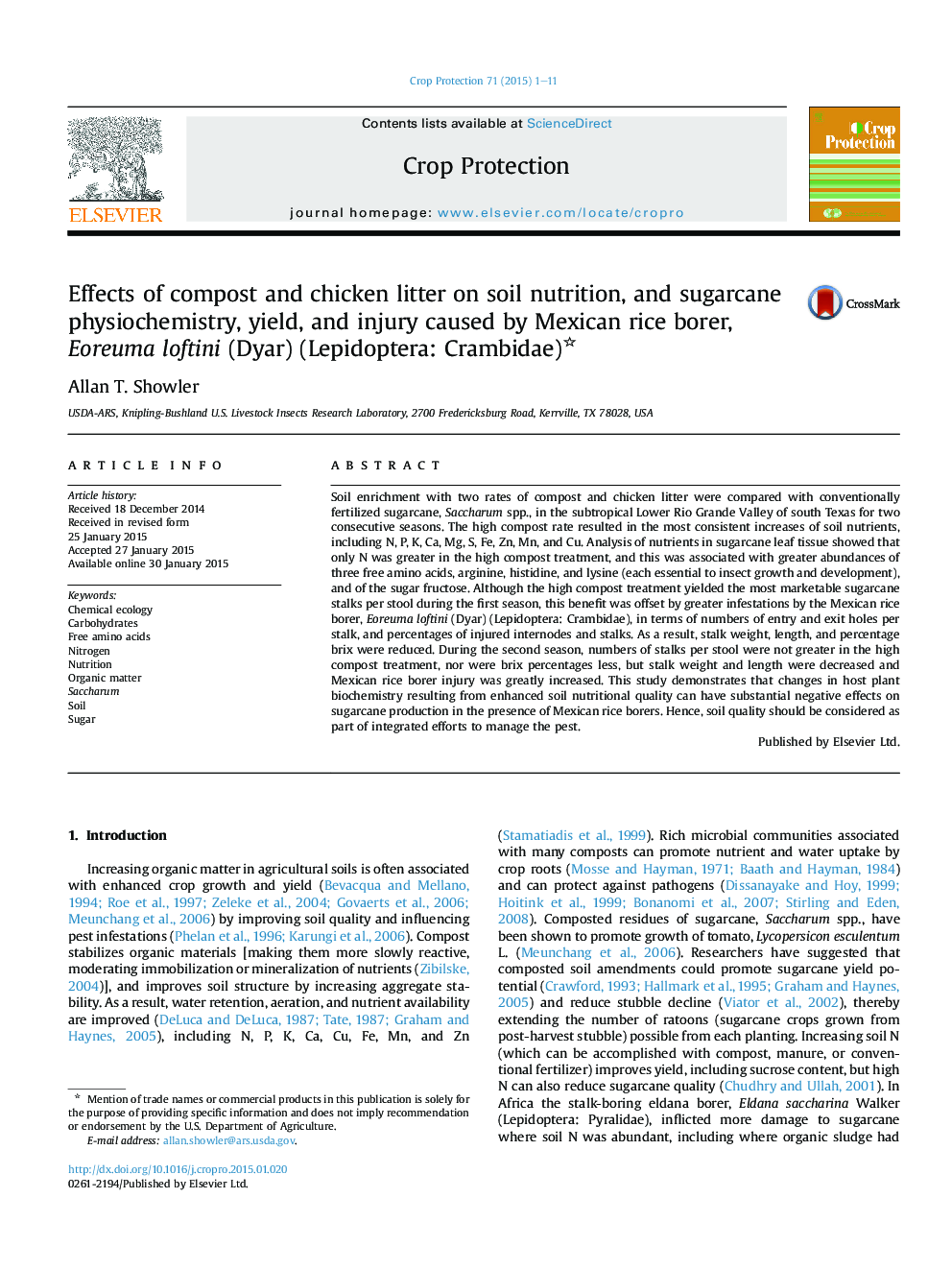 Effects of compost and chicken litter on soil nutrition, and sugarcane physiochemistry, yield, and injury caused by Mexican rice borer, Eoreuma loftini (Dyar) (Lepidoptera: Crambidae) 