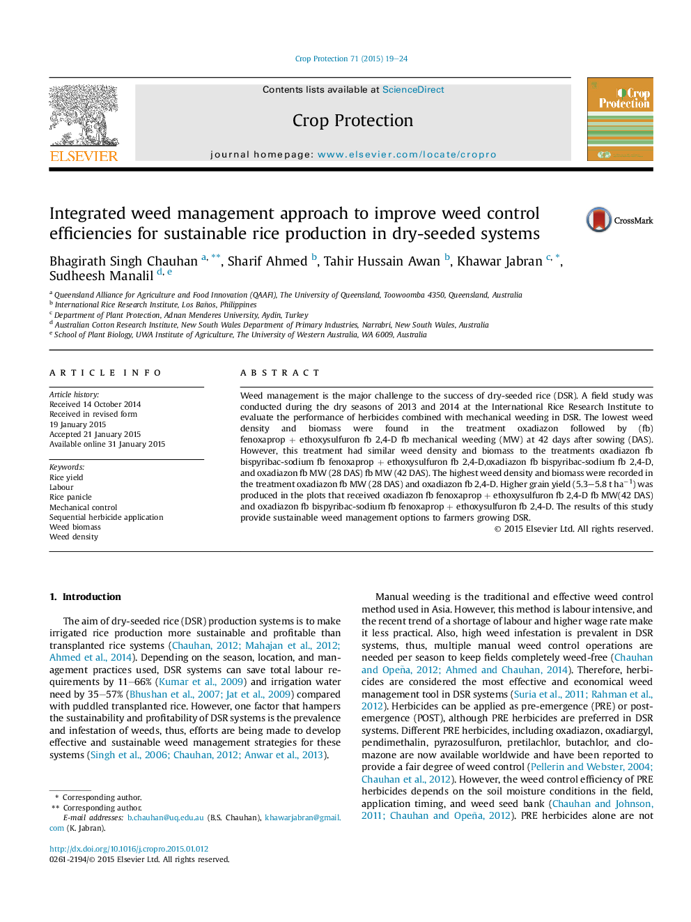 Integrated weed management approach to improve weed control efficiencies for sustainable rice production in dry-seeded systems