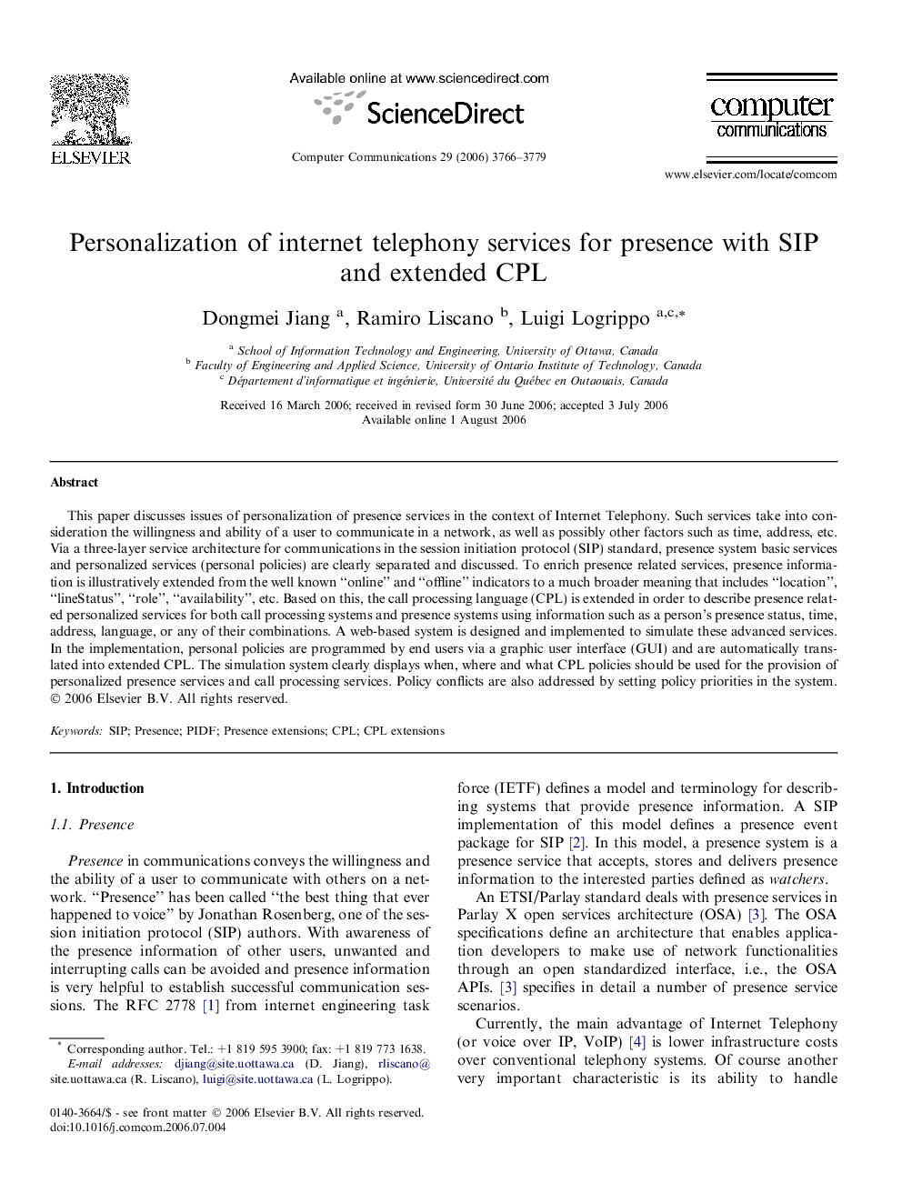 Personalization of internet telephony services for presence with SIP and extended CPL