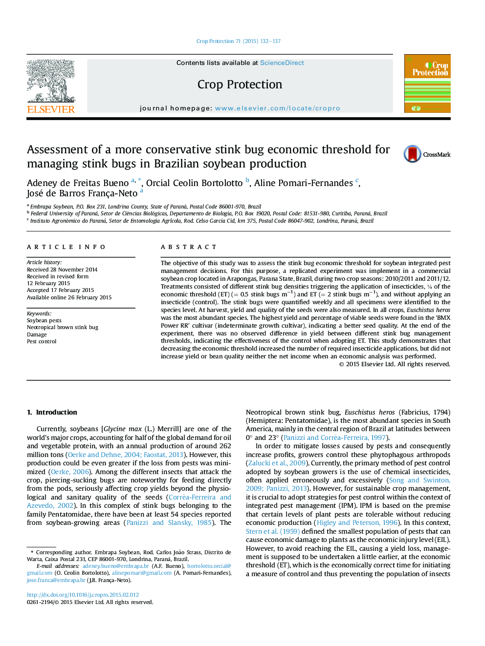 Assessment of a more conservative stink bug economic threshold for managing stink bugs in Brazilian soybean production