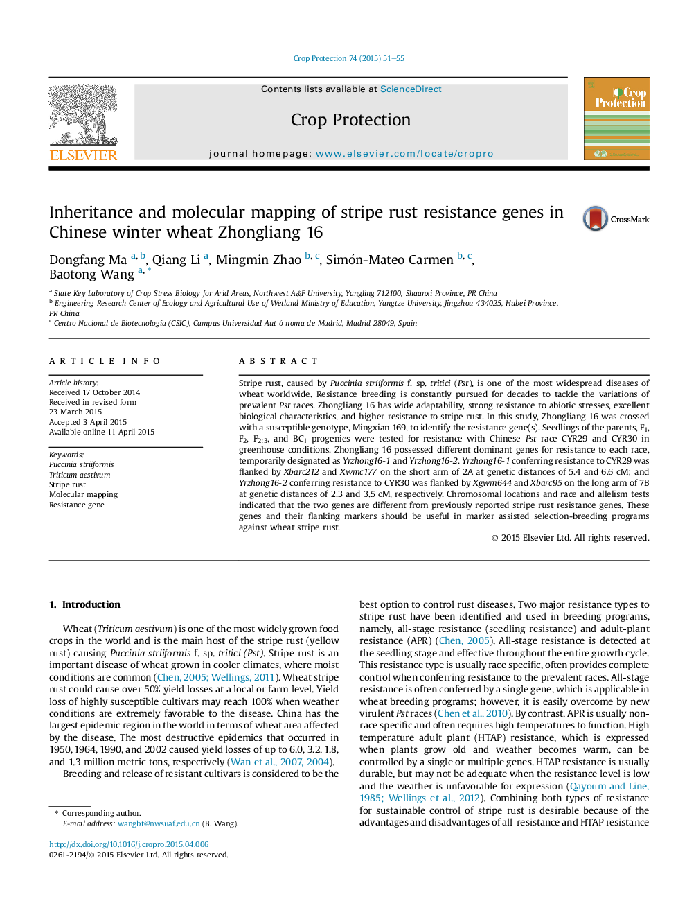 Inheritance and molecular mapping of stripe rust resistance genes in Chinese winter wheat Zhongliang 16