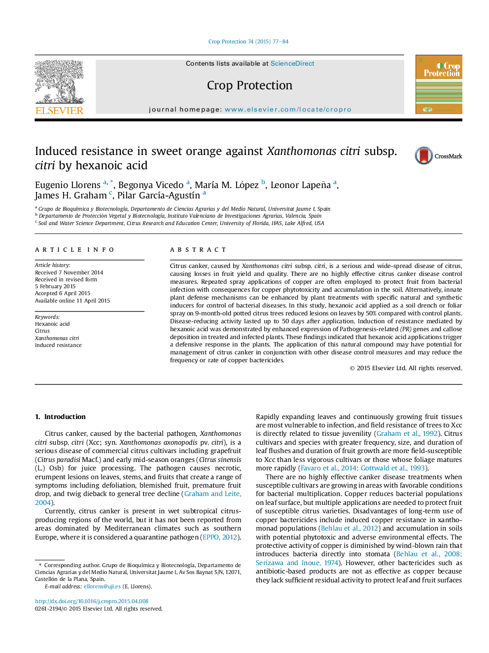 Induced resistance in sweet orange against Xanthomonas citri subsp. citri by hexanoic acid