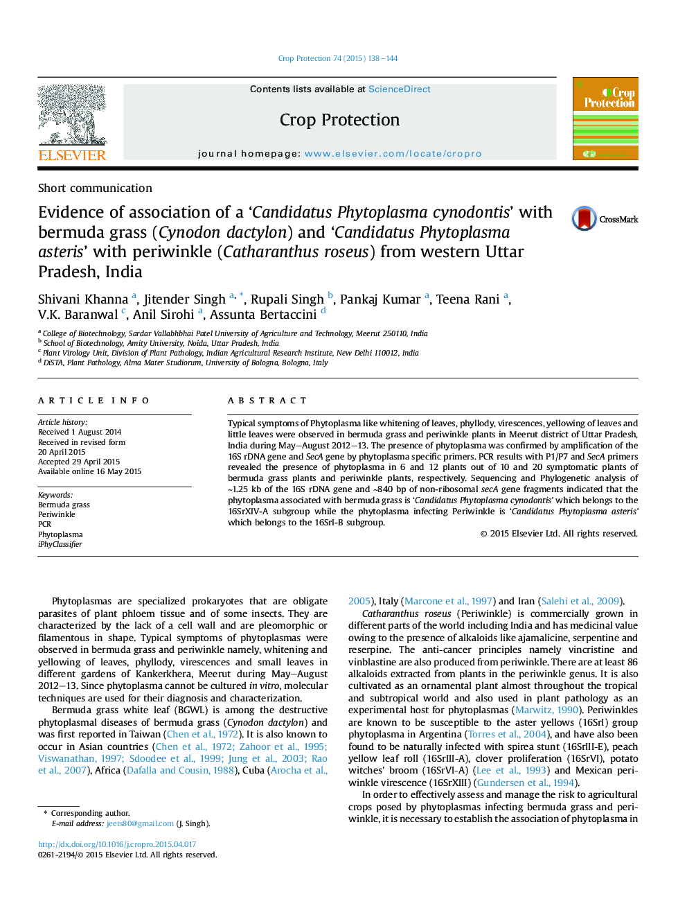 Evidence of association of a ‘Candidatus Phytoplasma cynodontis’ with bermuda grass (Cynodon dactylon) and ‘Candidatus Phytoplasma asteris’ with periwinkle (Catharanthus roseus) from western Uttar Pradesh, India