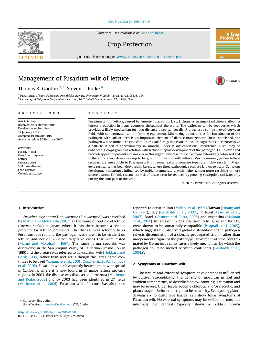 Management of Fusarium wilt of lettuce