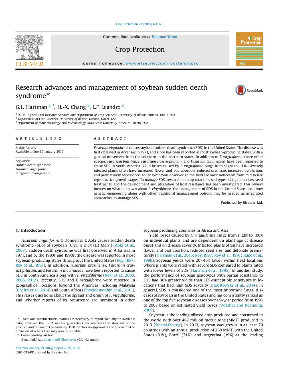 Research advances and management of soybean sudden death syndrome 