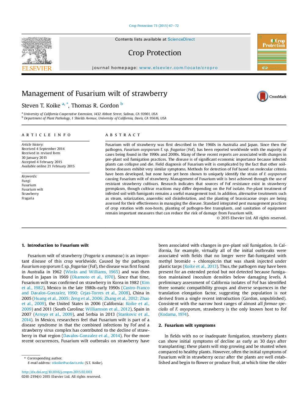 Management of Fusarium wilt of strawberry