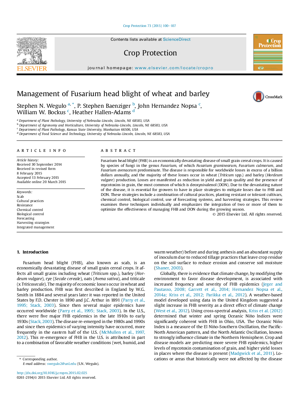 Management of Fusarium head blight of wheat and barley