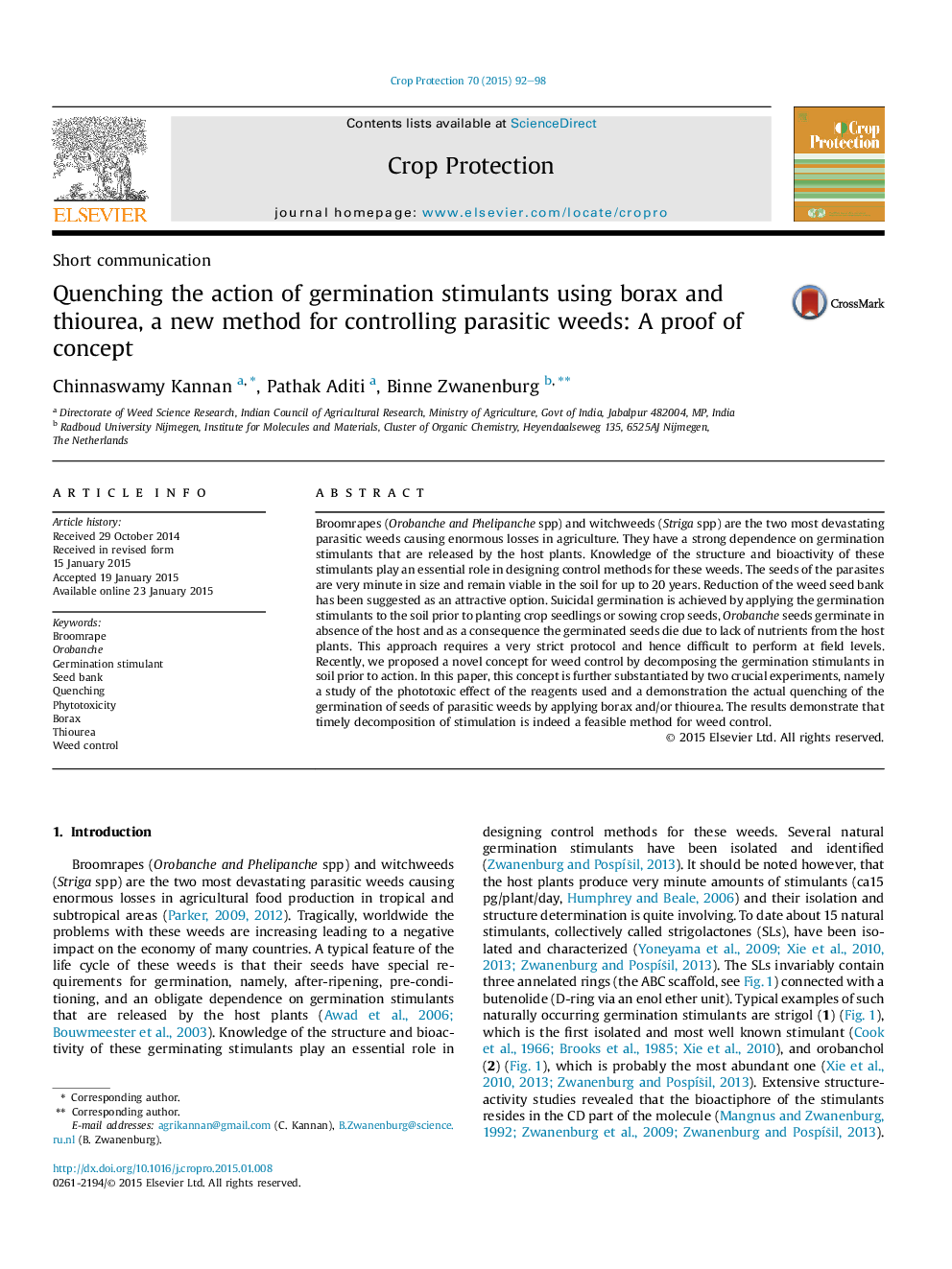 Quenching the action of germination stimulants using borax and thiourea, a new method for controlling parasitic weeds: A proof of concept