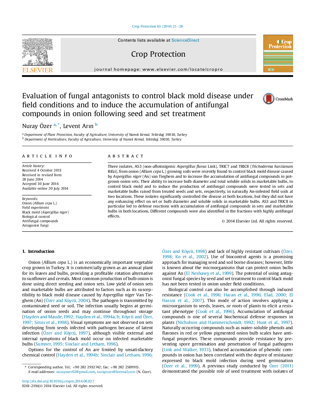 Evaluation of fungal antagonists to control black mold disease under field conditions and to induce the accumulation of antifungal compounds in onion following seed and set treatment