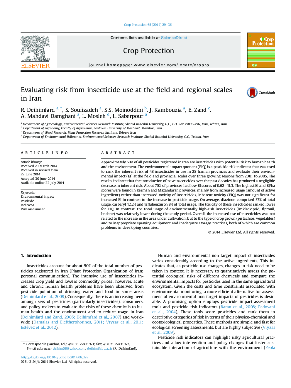 Evaluating risk from insecticide use at the field and regional scales in Iran