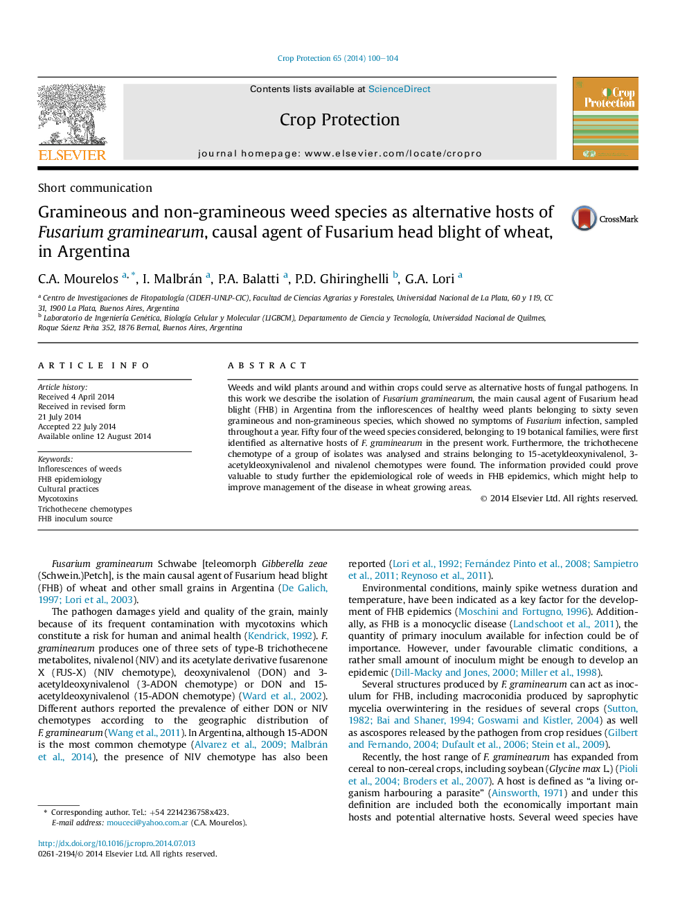 Gramineous and non-gramineous weed species as alternative hosts of Fusarium graminearum, causal agent of Fusarium head blight of wheat, in Argentina