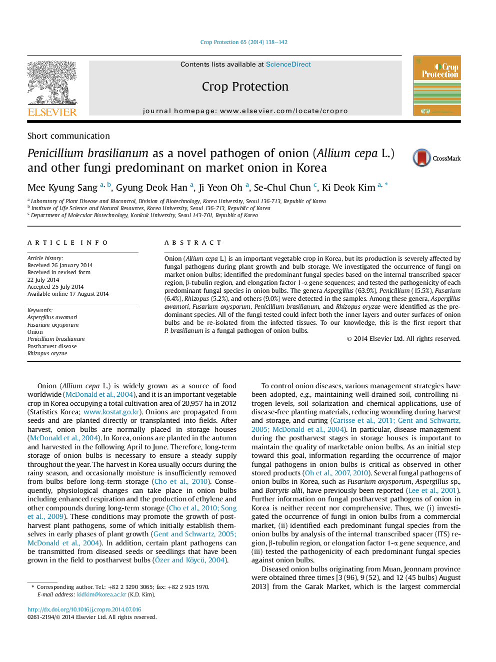 Penicillium brasilianum as a novel pathogen of onion (Allium cepa L.) and other fungi predominant on market onion in Korea