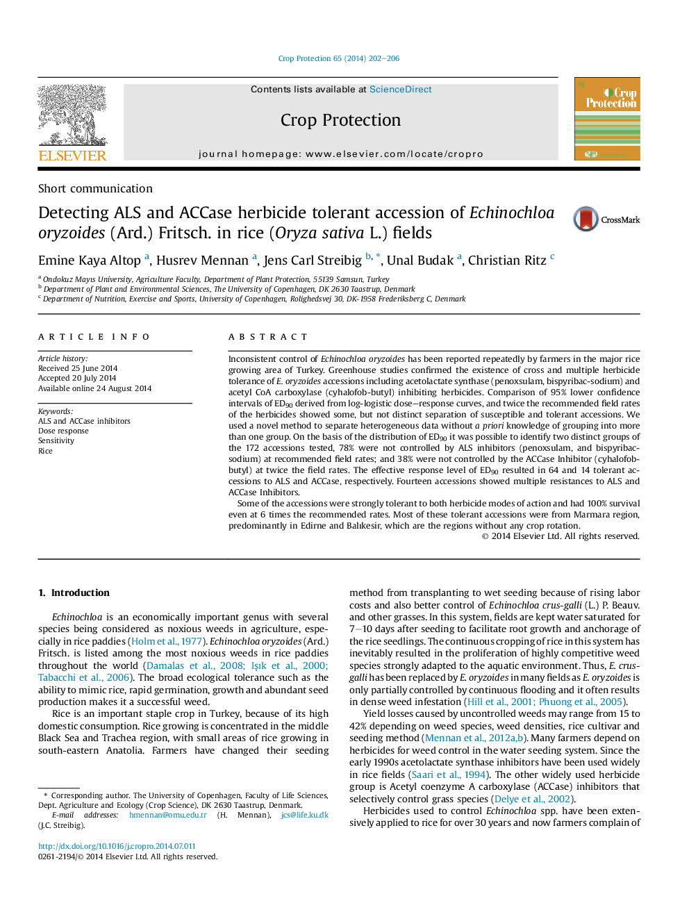 Detecting ALS and ACCase herbicide tolerant accession of Echinochloa oryzoides (Ard.) Fritsch. in rice (Oryza sativa L.) fields