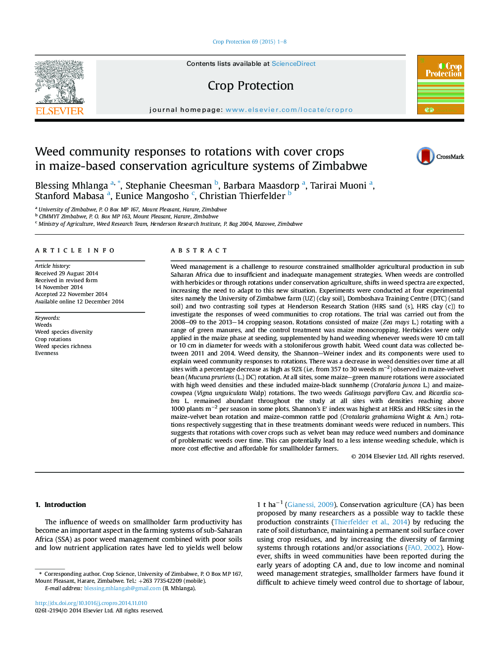 Weed community responses to rotations with cover crops in maize-based conservation agriculture systems of Zimbabwe