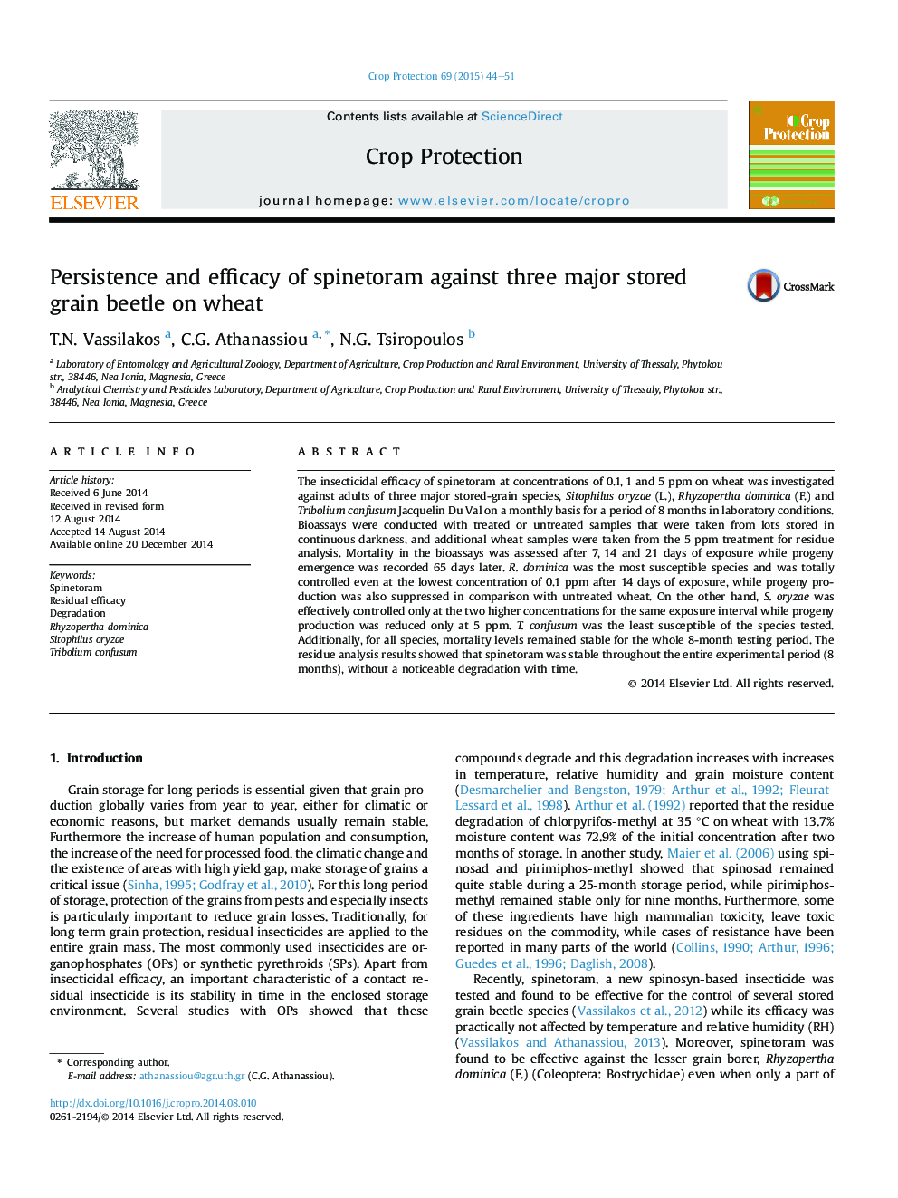 Persistence and efficacy of spinetoram against three major stored grain beetle on wheat