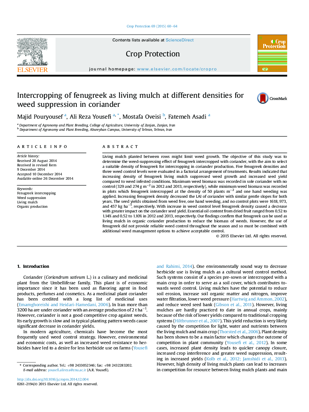 Intercropping of fenugreek as living mulch at different densities for weed suppression in coriander