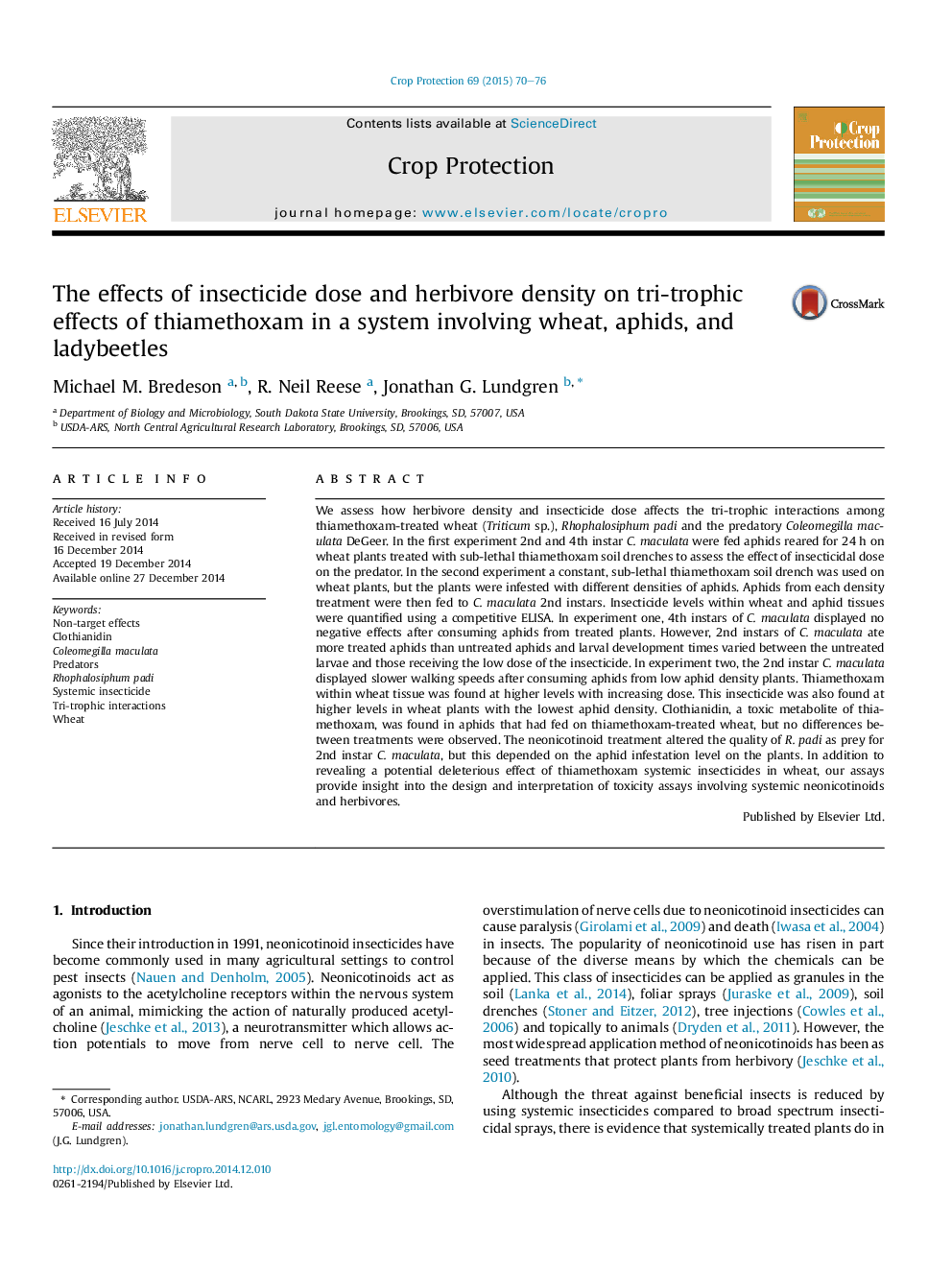 The effects of insecticide dose and herbivore density on tri-trophic effects of thiamethoxam in a system involving wheat, aphids, and ladybeetles