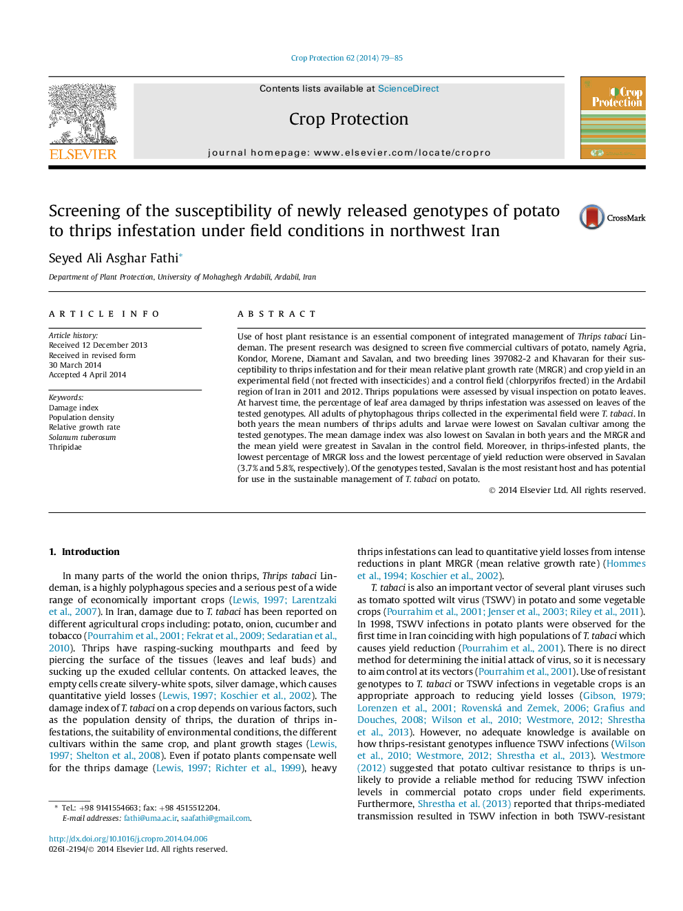 Screening of the susceptibility of newly released genotypes of potato to thrips infestation under field conditions in northwest Iran