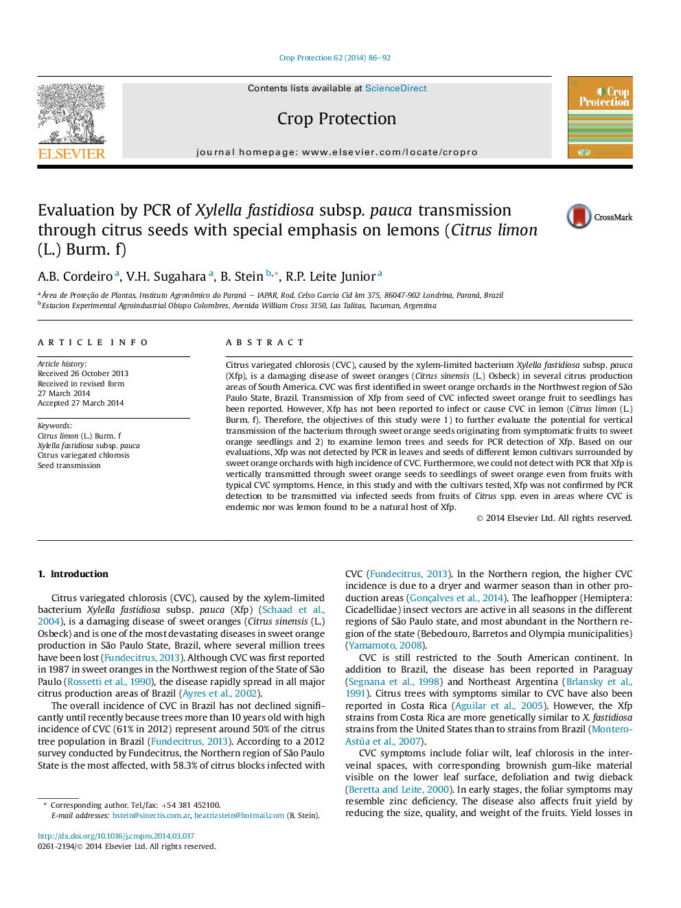 Evaluation by PCR of Xylella fastidiosa subsp. pauca transmission through citrus seeds with special emphasis on lemons (Citrus limon (L.) Burm. f)