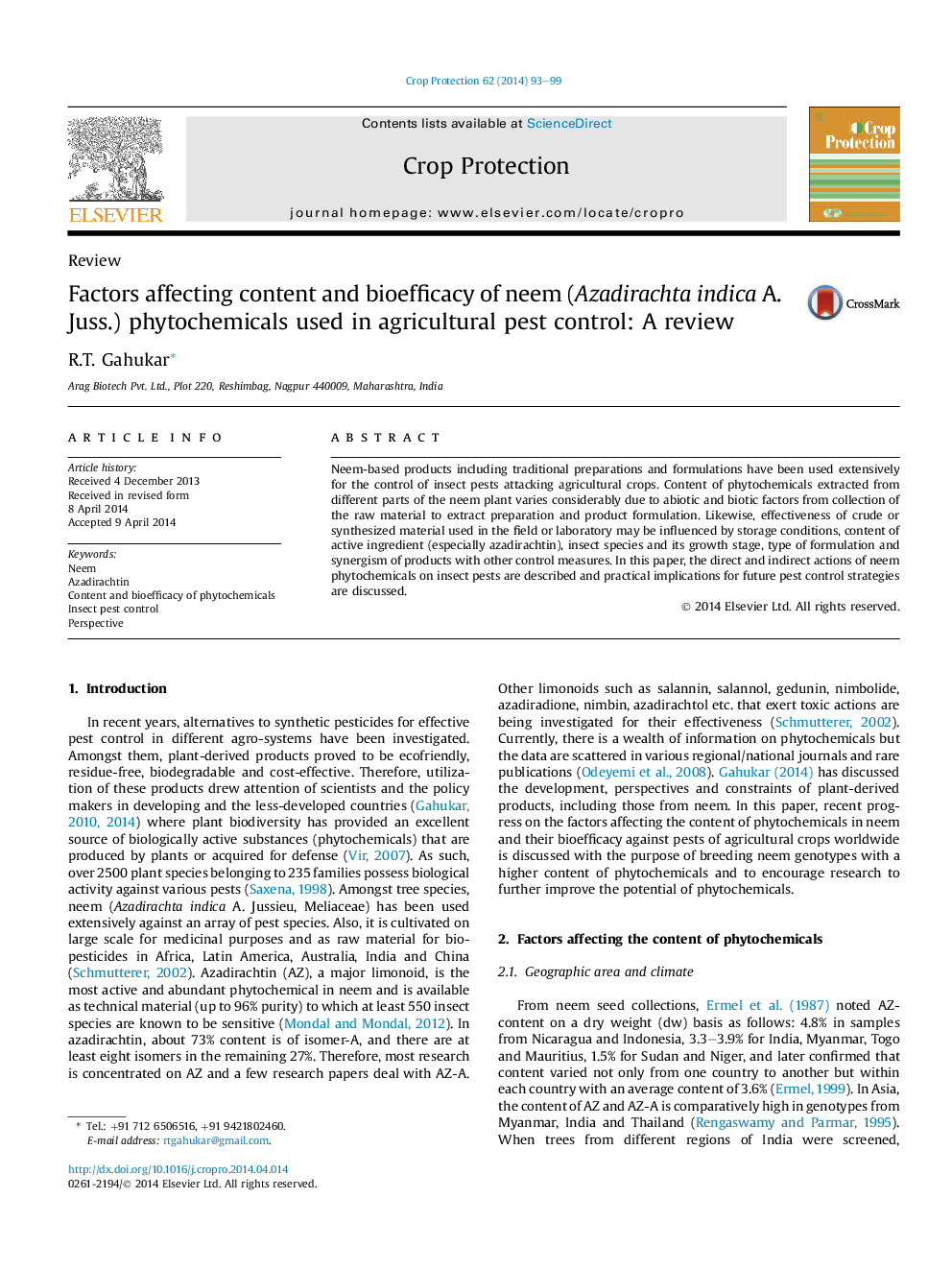 Factors affecting content and bioefficacy of neem (Azadirachta indica A. Juss.) phytochemicals used in agricultural pest control: A review