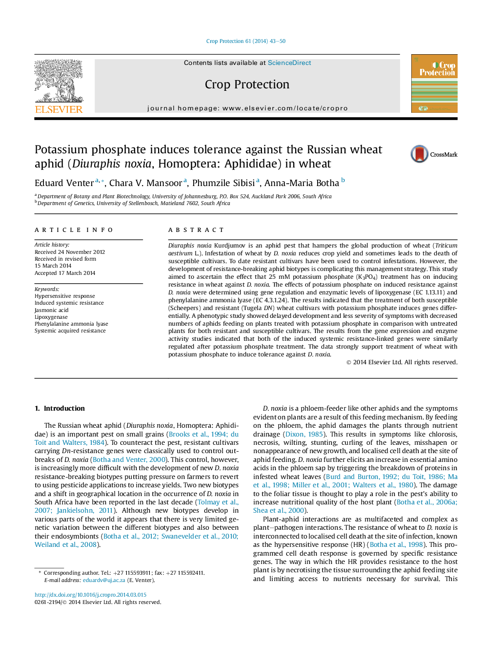 Potassium phosphate induces tolerance against the Russian wheat aphid (Diuraphis noxia, Homoptera: Aphididae) in wheat