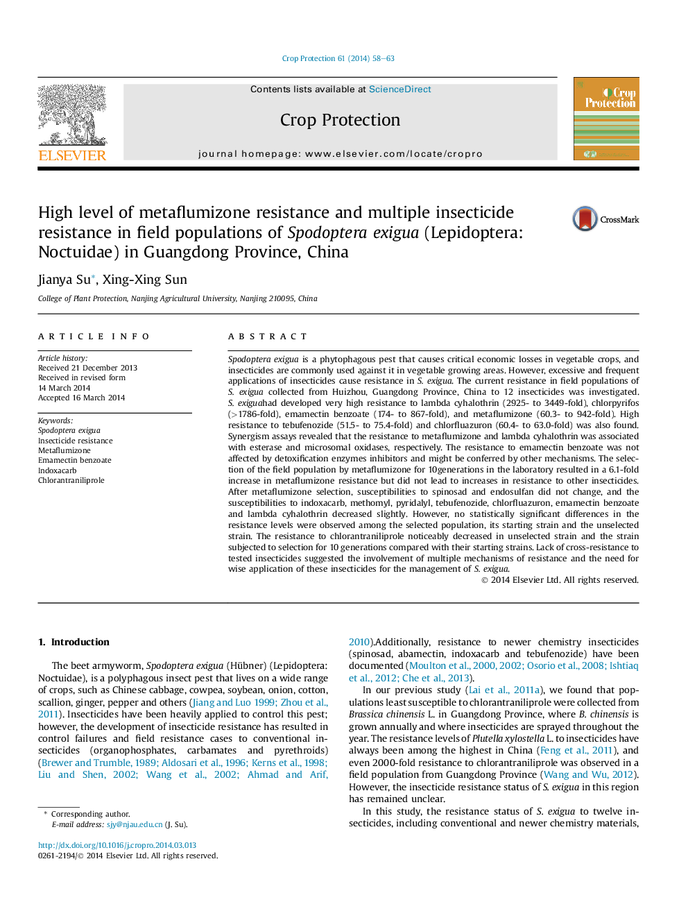 High level of metaflumizone resistance and multiple insecticide resistance in field populations of Spodoptera exigua (Lepidoptera: Noctuidae) in Guangdong Province, China