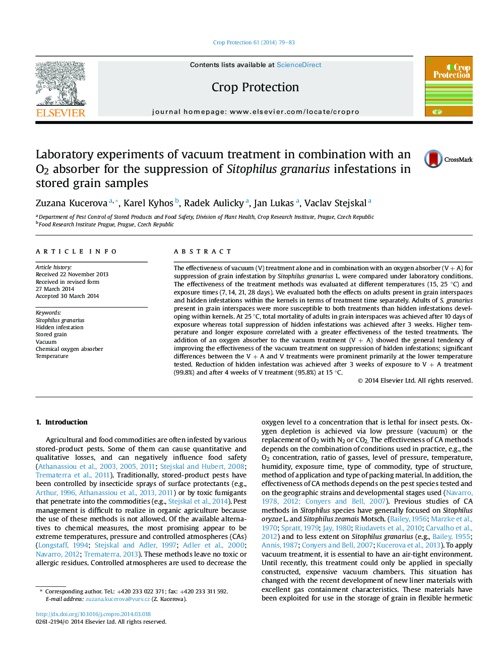 Laboratory experiments of vacuum treatment in combination with an O2 absorber for the suppression of Sitophilus granarius infestations in stored grain samples