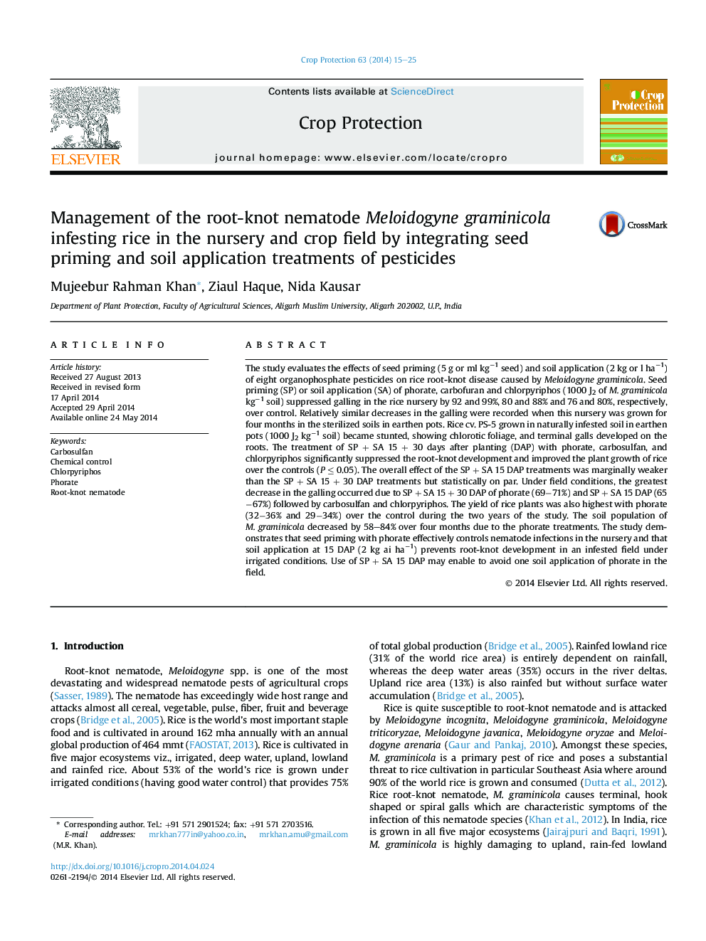 Management of the root-knot nematode Meloidogyne graminicola infesting rice in the nursery and crop field by integrating seed priming and soil application treatments of pesticides