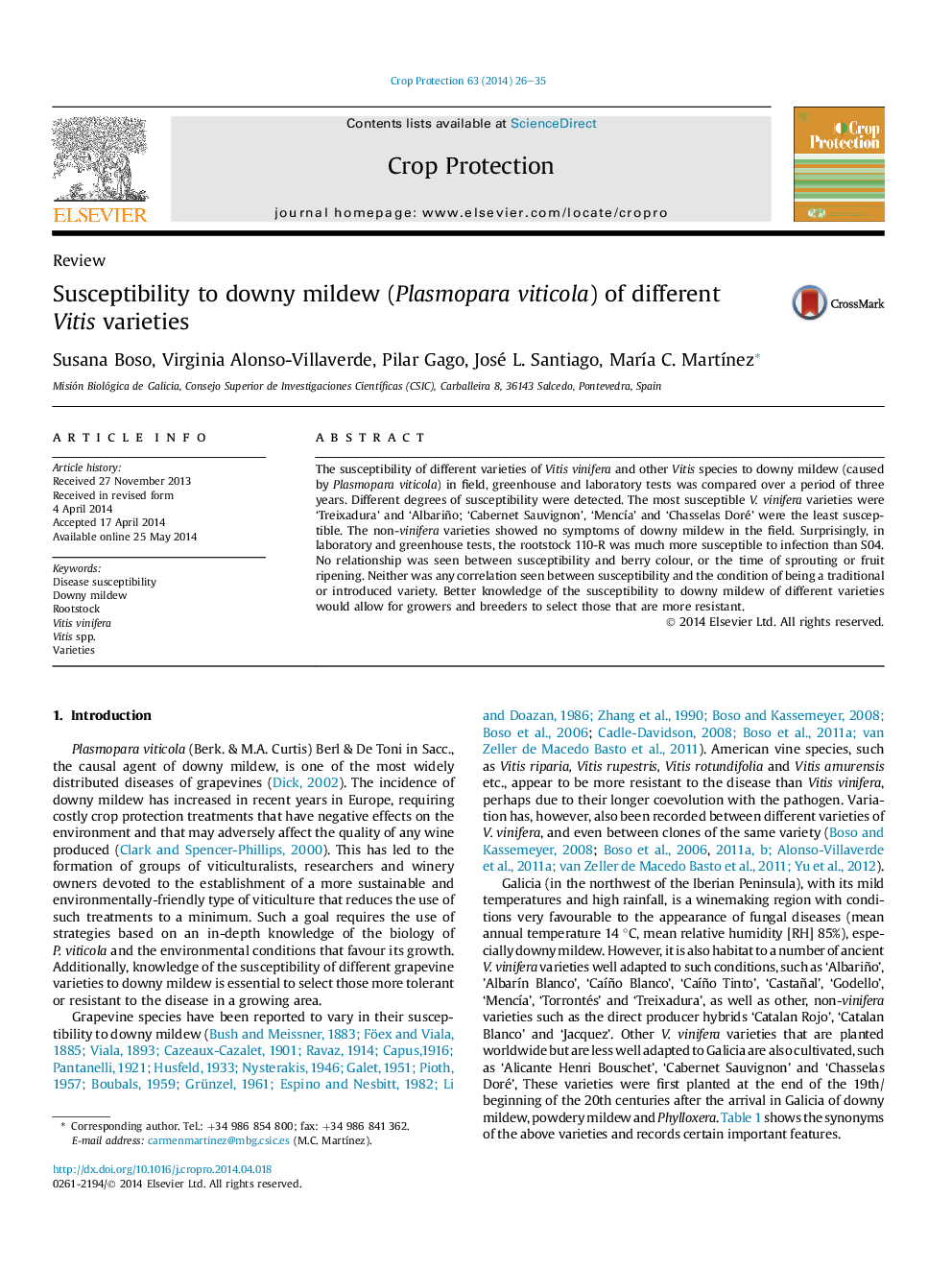 Susceptibility to downy mildew (Plasmopara viticola) of different Vitis varieties