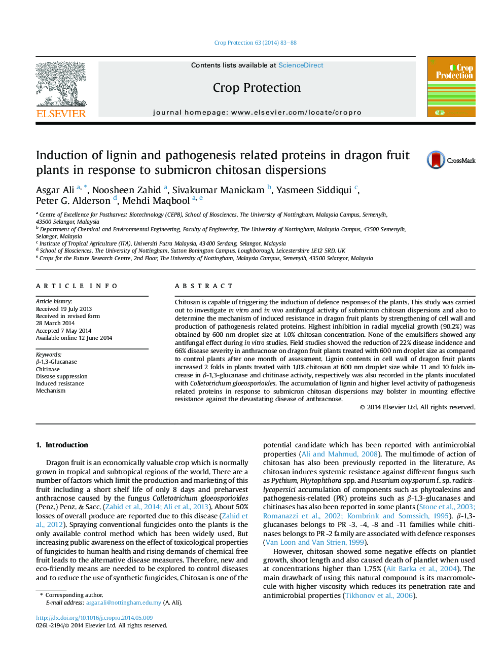 Induction of lignin and pathogenesis related proteins in dragon fruit plants in response to submicron chitosan dispersions