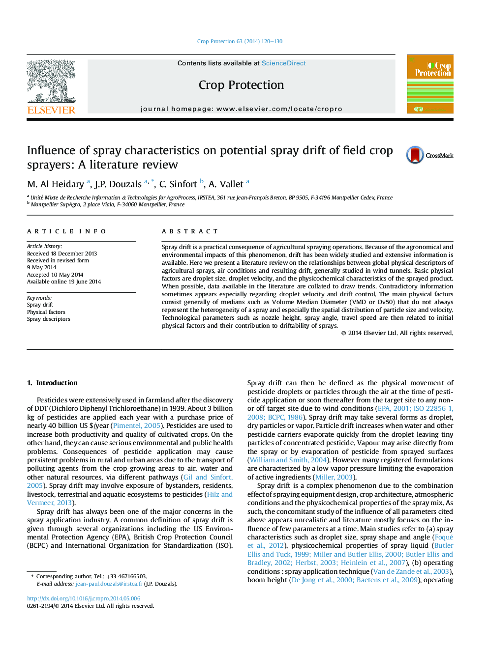 Influence of spray characteristics on potential spray drift of field crop sprayers: A literature review