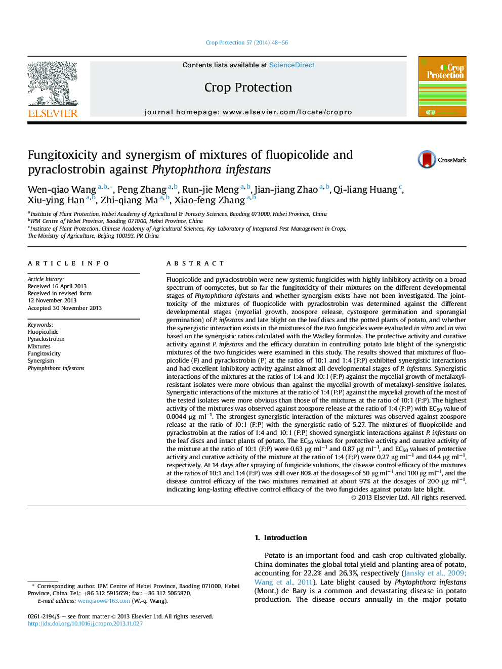 Fungitoxicity and synergism of mixtures of fluopicolide and pyraclostrobin against Phytophthora infestans