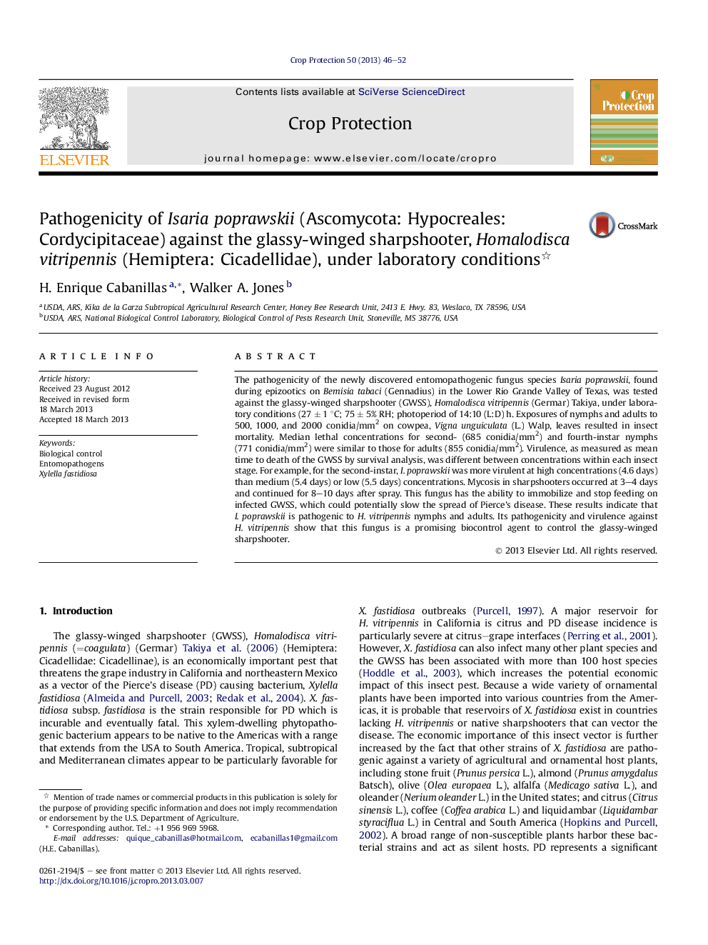 Pathogenicity of Isaria poprawskii (Ascomycota: Hypocreales: Cordycipitaceae) against the glassy-winged sharpshooter, Homalodisca vitripennis (Hemiptera: Cicadellidae), under laboratory conditions 