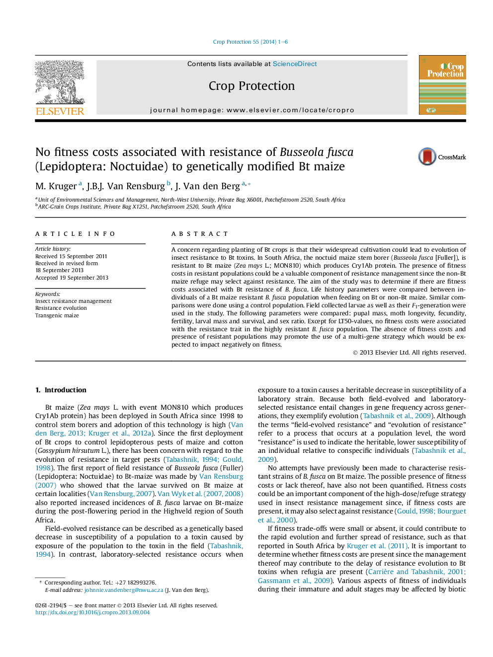 No fitness costs associated with resistance of Busseola fusca (Lepidoptera: Noctuidae) to genetically modified Bt maize