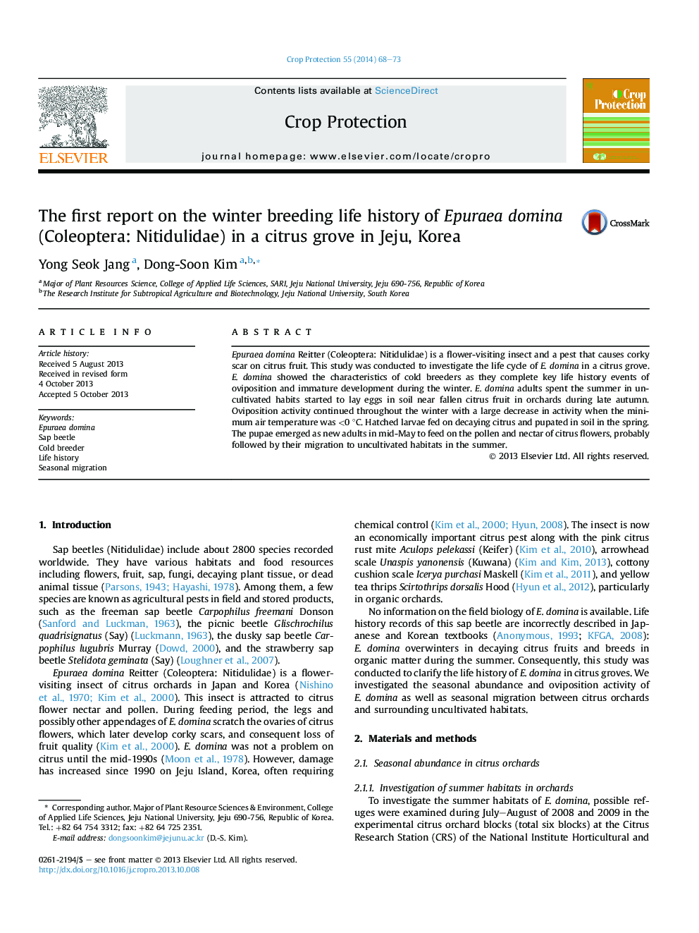 The first report on the winter breeding life history of Epuraea domina (Coleoptera: Nitidulidae) in a citrus grove in Jeju, Korea