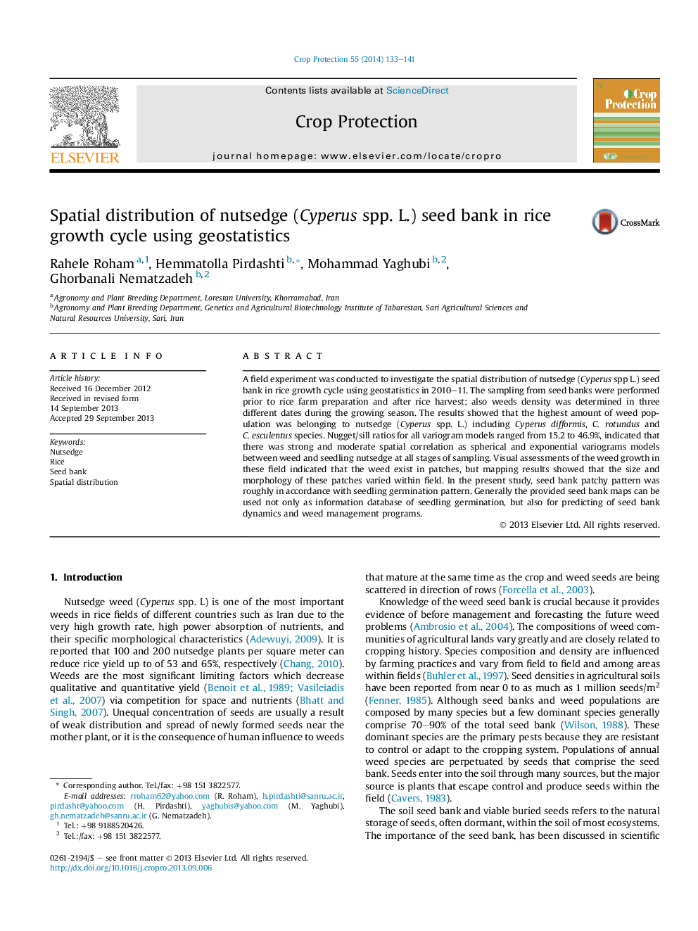 Spatial distribution of nutsedge (Cyperus spp. L.) seed bank in rice growth cycle using geostatistics