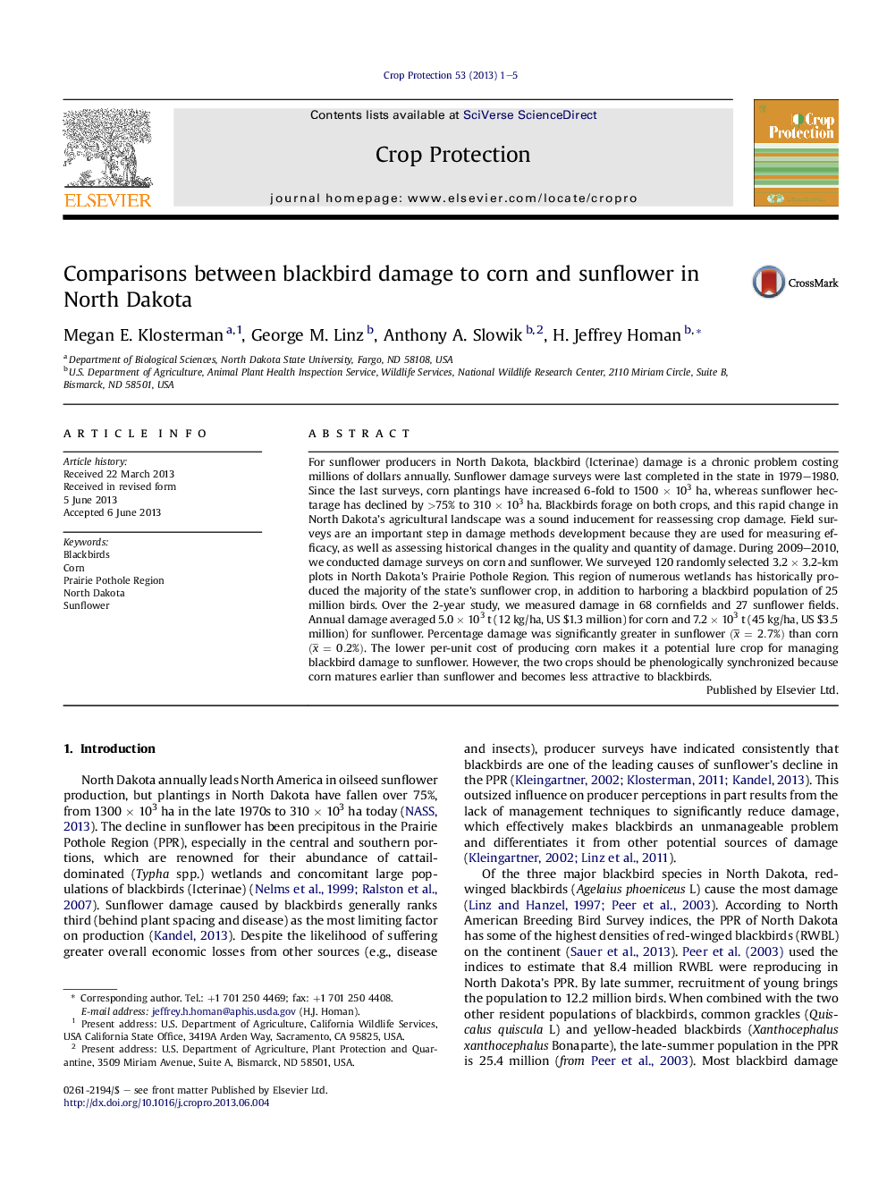 Comparisons between blackbird damage to corn and sunflower in North Dakota