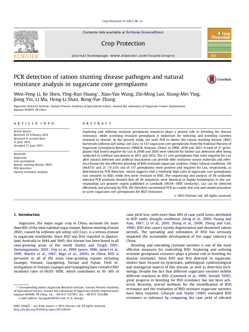 PCR detection of ratoon stunting disease pathogen and natural resistance analysis in sugarcane core germplasms