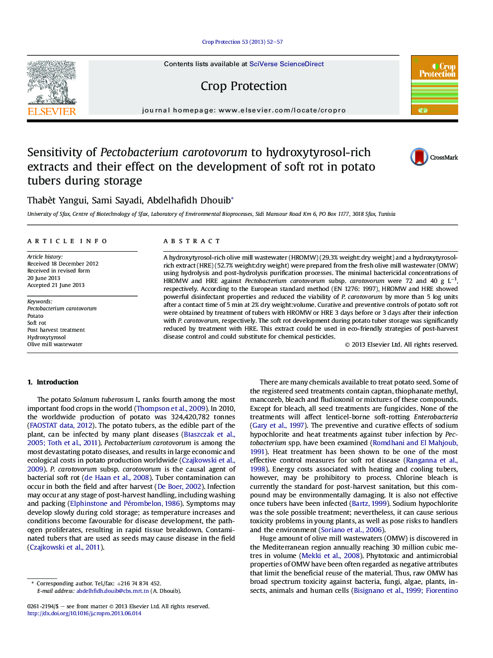 Sensitivity of Pectobacterium carotovorum to hydroxytyrosol-rich extracts and their effect on the development of soft rot in potato tubers during storage