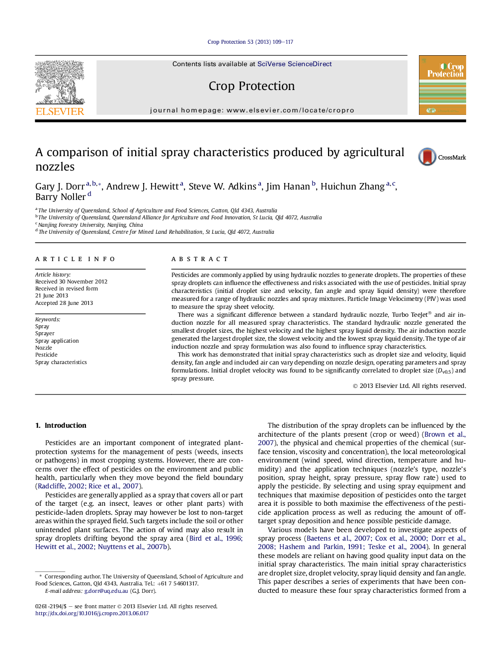 A comparison of initial spray characteristics produced by agricultural nozzles