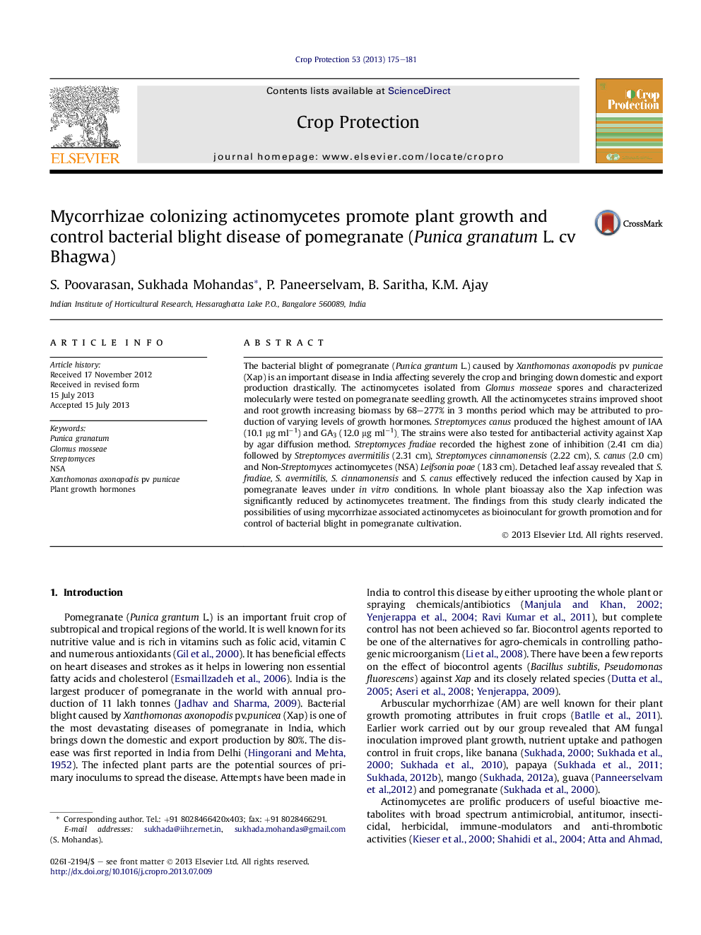 Mycorrhizae colonizing actinomycetes promote plant growth and control bacterial blight disease of pomegranate (Punica granatum L. cv Bhagwa)