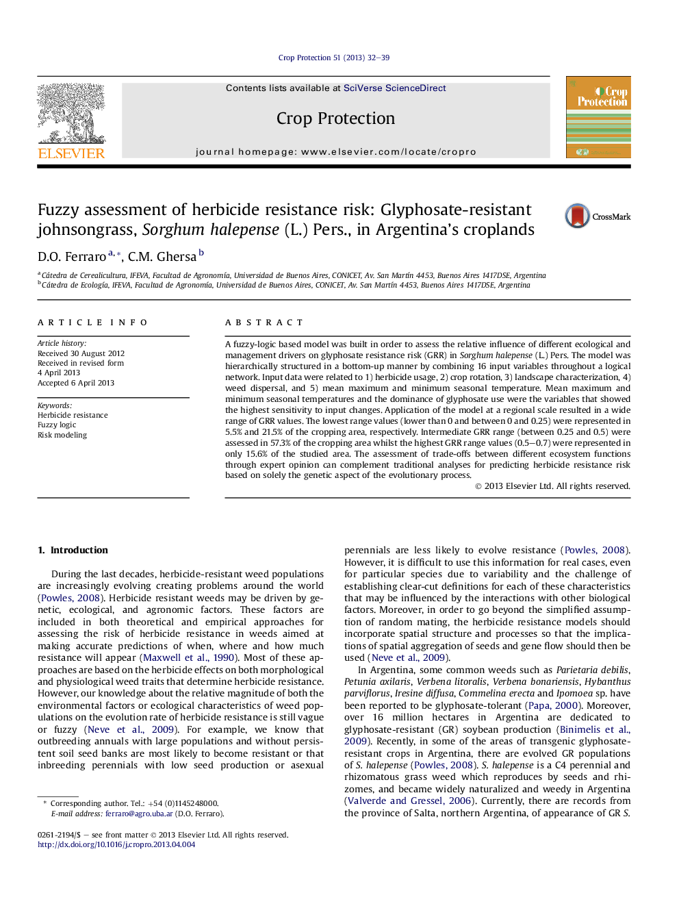 Fuzzy assessment of herbicide resistance risk: Glyphosate-resistant johnsongrass, Sorghum halepense (L.) Pers., in Argentina's croplands